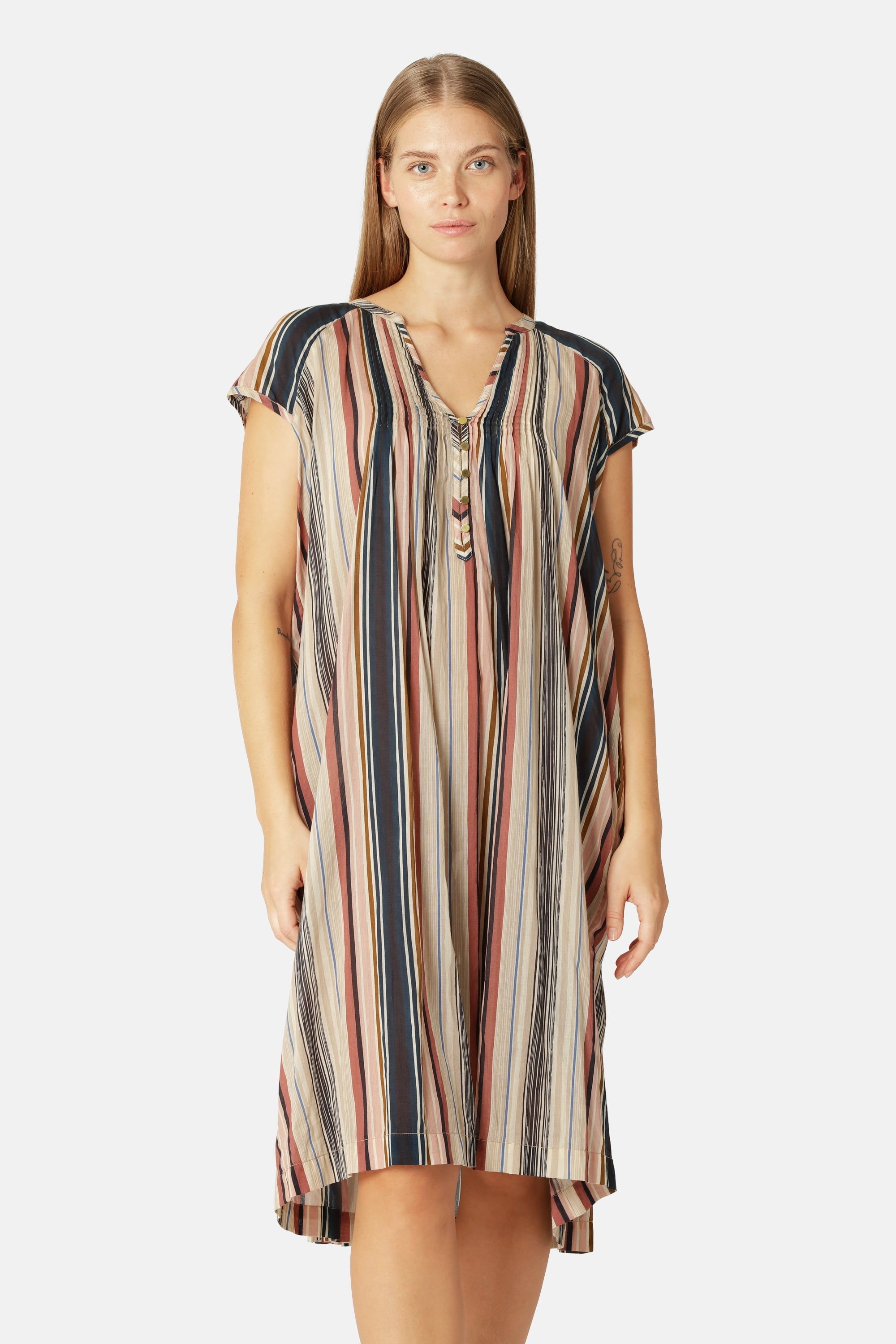 Short Sleeve Long Dress Pintuck - Beige Organic Stripe